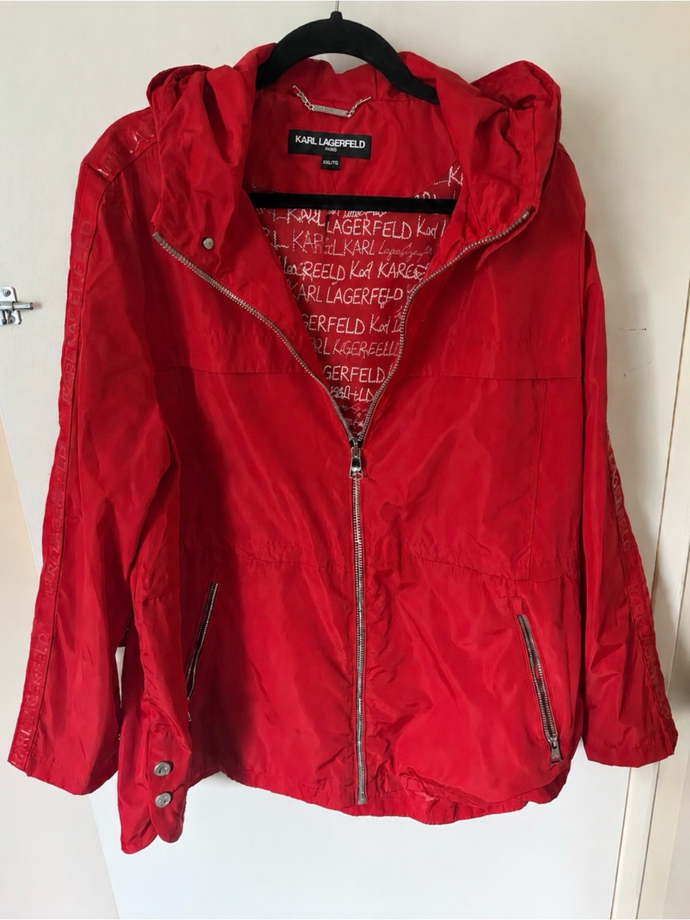 Karl Lagerfeld Red Hooded Utility Jacket with Zip Pockets